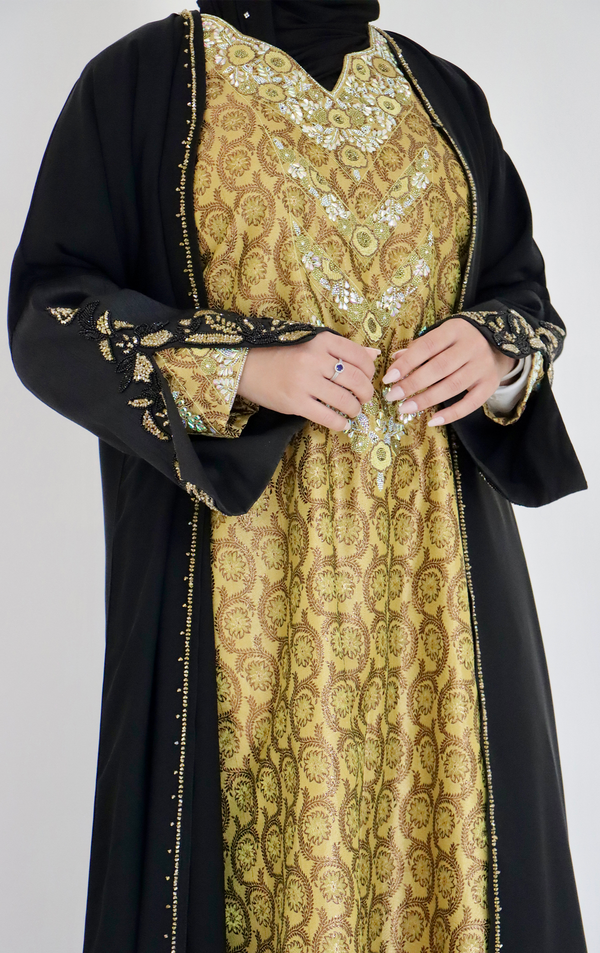 Black Abaya with Gold Embroidered makhawer Dress