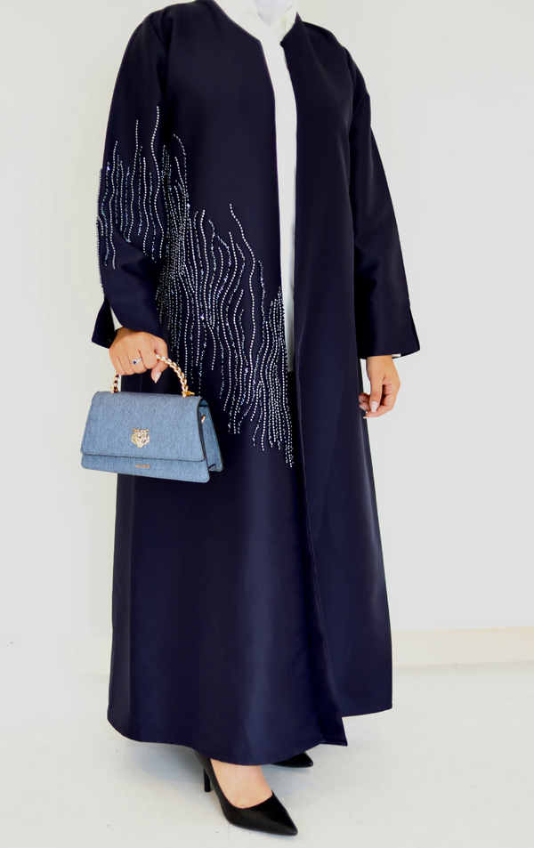 Elegant Black and navy Embellished Abaya with Flowing Beadwork