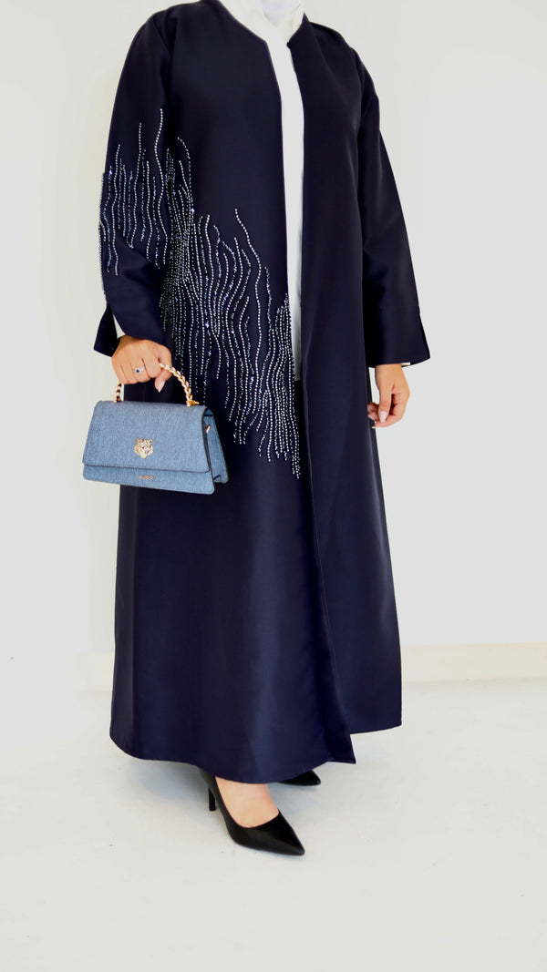 Elegant Black and navy Embellished Abaya with Flowing Beadwork