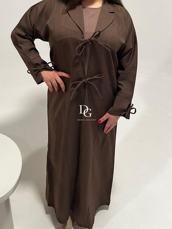 Brown Open-Front Abaya with Stylish Bow-Tie Detailing