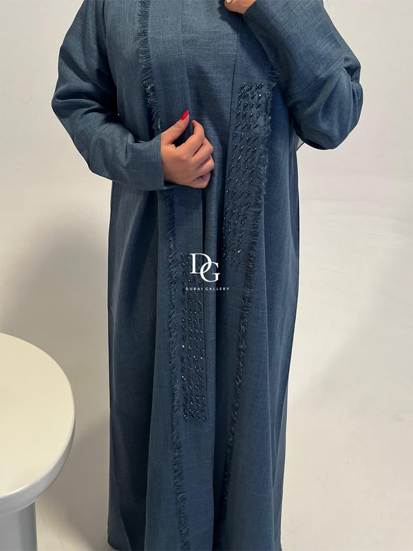 Light Blue Textured Abaya with Bead Embellishments