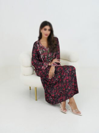 Black & Red Floral Kaftan with Hand Embroidered Neckline
