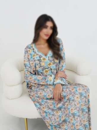 Blue & Beige Rose Print Mukhawar with Beaded Detailing
