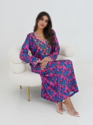 Royal Blue & Pink Floral Mukhawar with Embellished Neckline