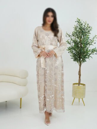 Champagne Beige Embroidered Mukhawar with Satin Belt