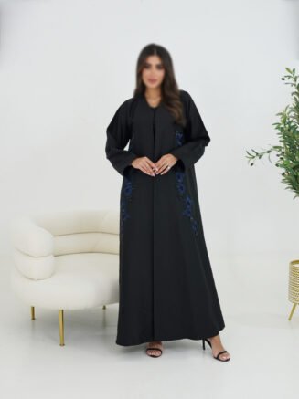 Black Abaya with Navy Floral Embellishments