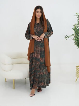 Brown & Green Printed Abaya with Matching Hijab
